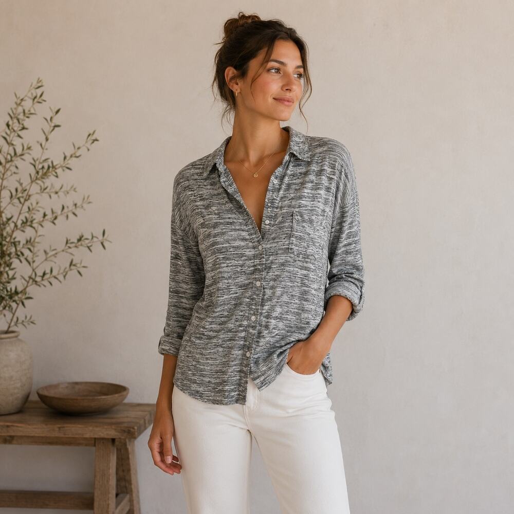 Standard James Perse Gray White Space Dye Knit Button Up Top 4 (XL)